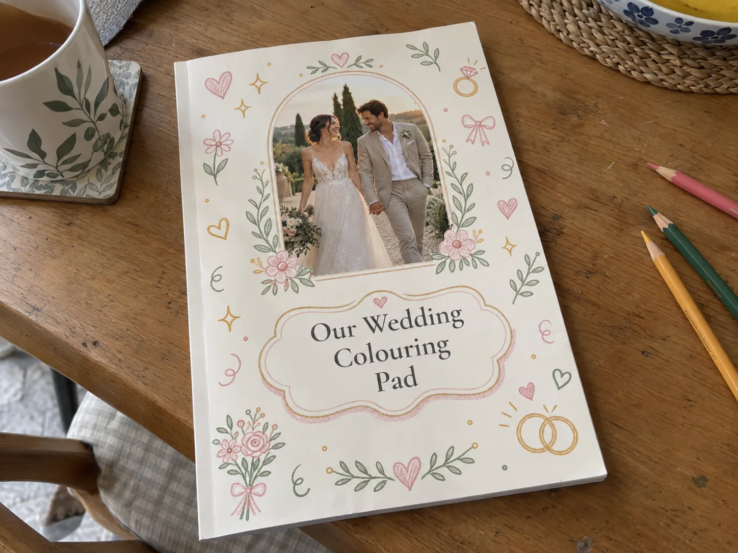 Wedding personalised colouring book example photographed on a table
