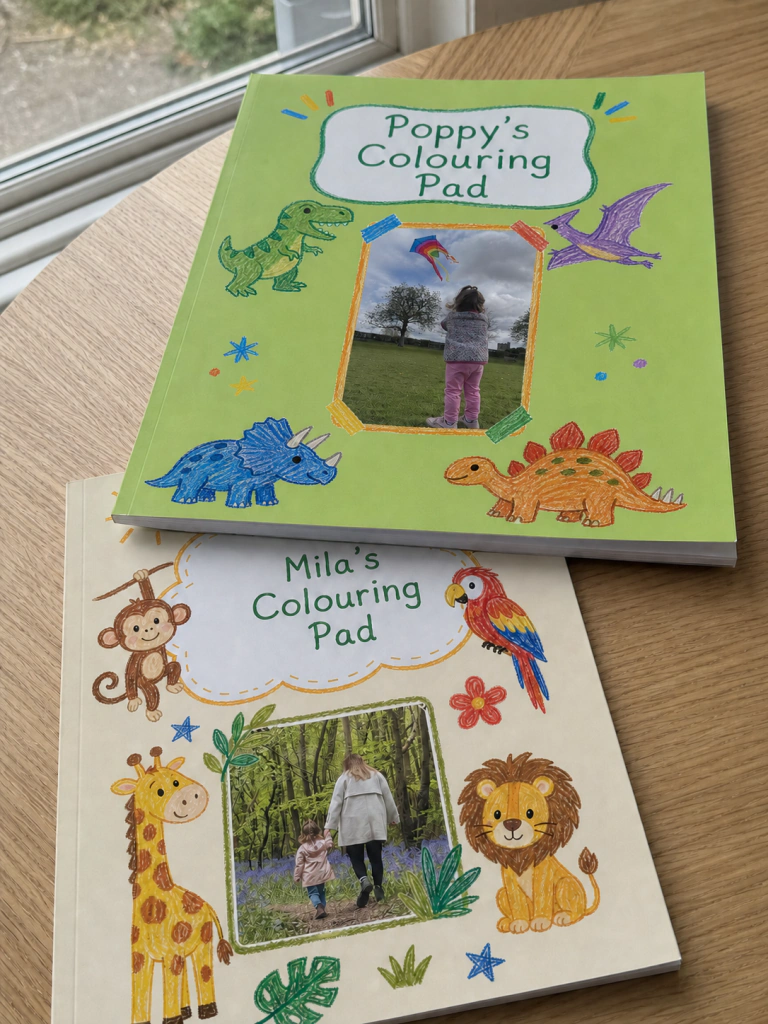 Two personalised colouring books for Poppy and Mila, featuring a kite flight and a woodland walk